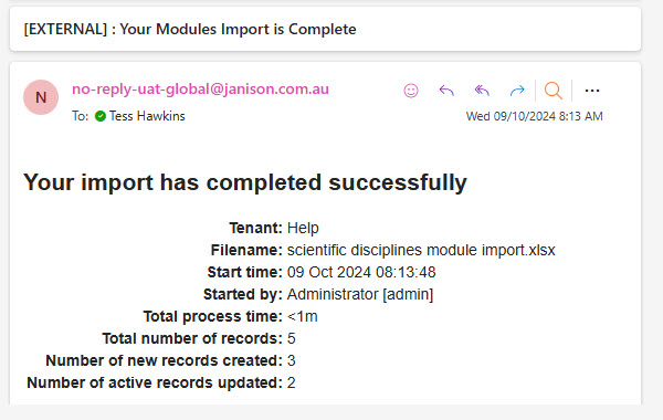 Import result email showing successful import details