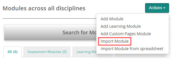Modules list with Import Module option in the Actions dropdown