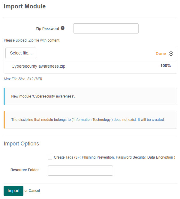 First-time import dialog showing options to create new module assets