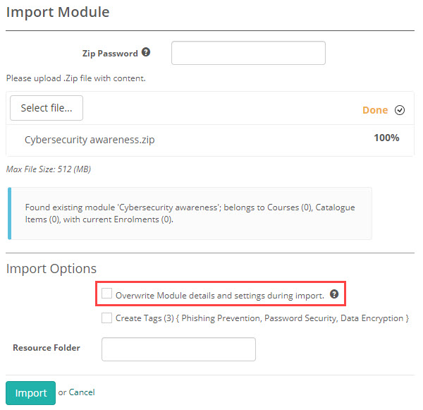 Subsequent import screen with update notification