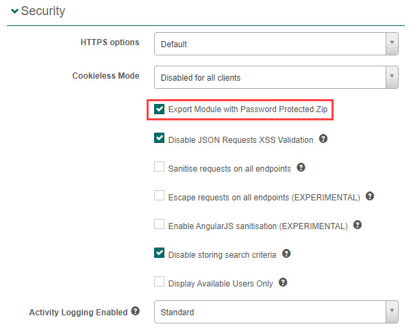 Security settings showing Export Module with Password Protected Zip option