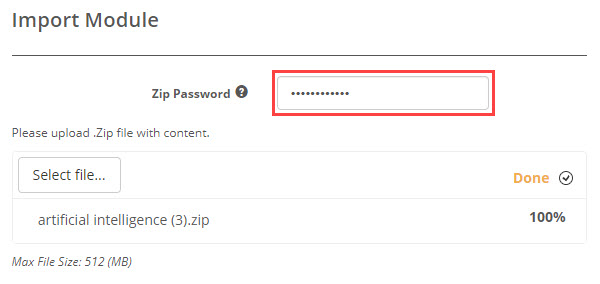 Import dialog prompting for the zip file password