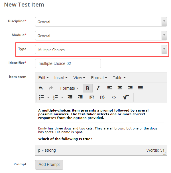 New Test Item form with Multiple Choices selected