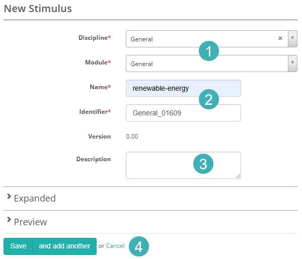 The new stimulus form — callout 1: Discipline and Module; callout 2: Name and Identifier; callout 3: Description; callout 4: Save