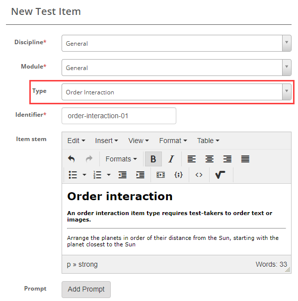 Order interaction item type selection
