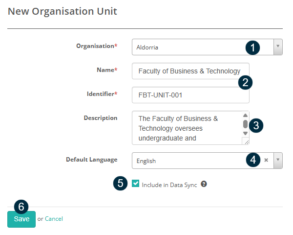 New Organisation Unit form with numbered callouts: 1 the Organisation dropdown, 2 the Name and auto-filled Identifier fields, 3 the Description field, 4 the Default Language dropdown, 5 the Include in Data Sync checkbox, and 6 the Save button.