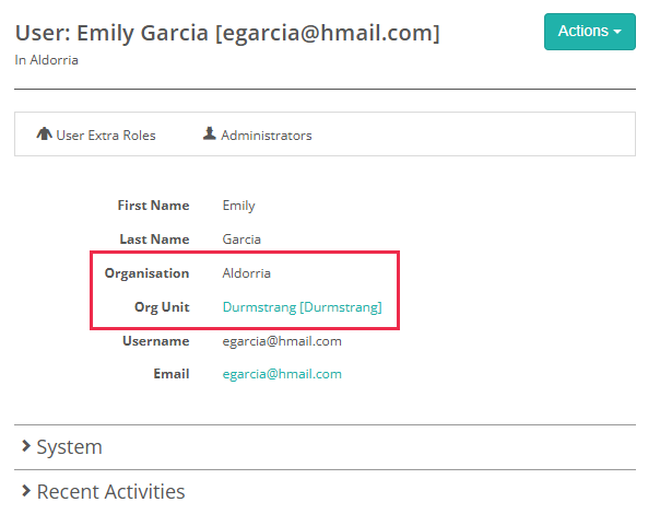 New user form with the Organisation field set to a sample organisation