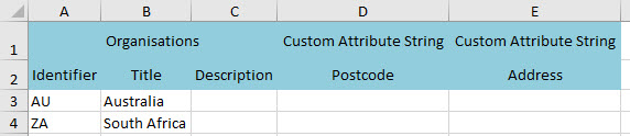 Sample Excel import template with Identifier, Title and Description columns, followed by two custom attribute columns (Postcode and Address)
