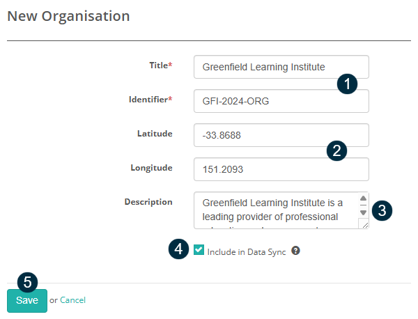 New Organisation form with numbered callouts: 1 the Title and auto-filled Identifier fields, 2 the Latitude and Longitude fields, 3 the Description field, 4 the Include in Data Sync checkbox, and 5 the Save button.