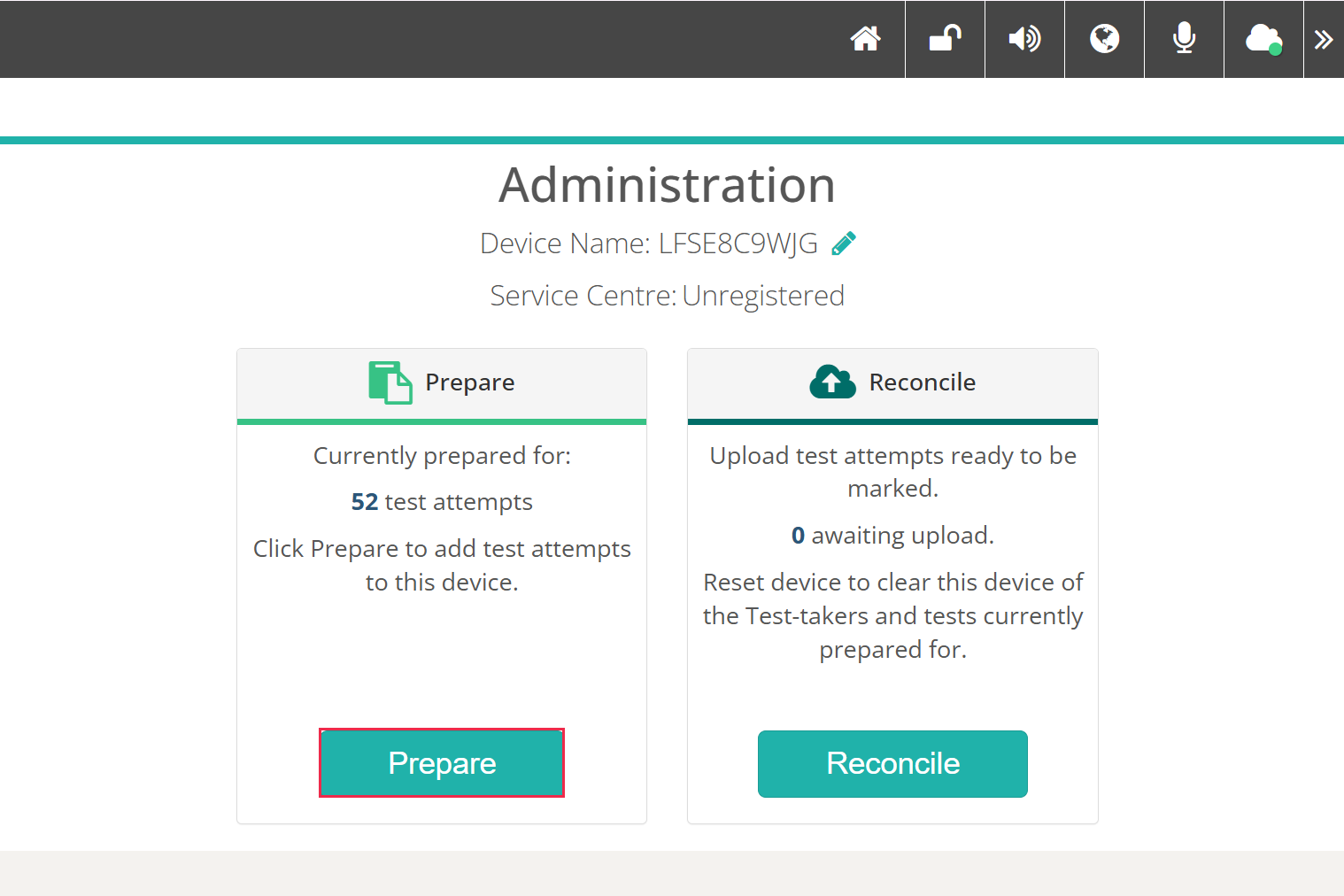 Administration screen with the Prepare button highlighted