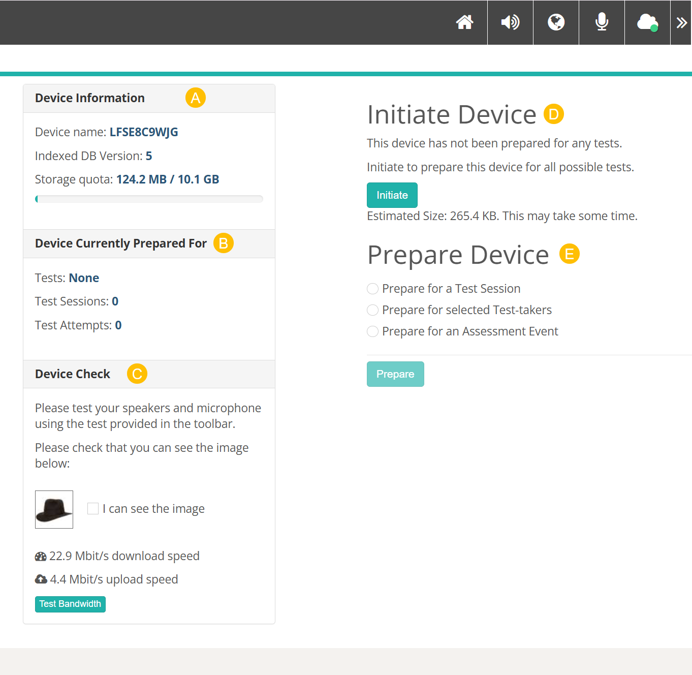 Prepare device screen with the five sections labelled A to E