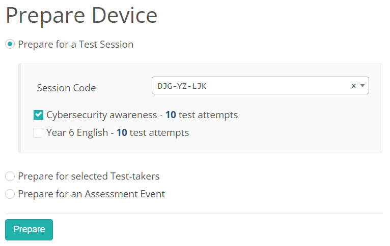 Prepare for a Test Session option