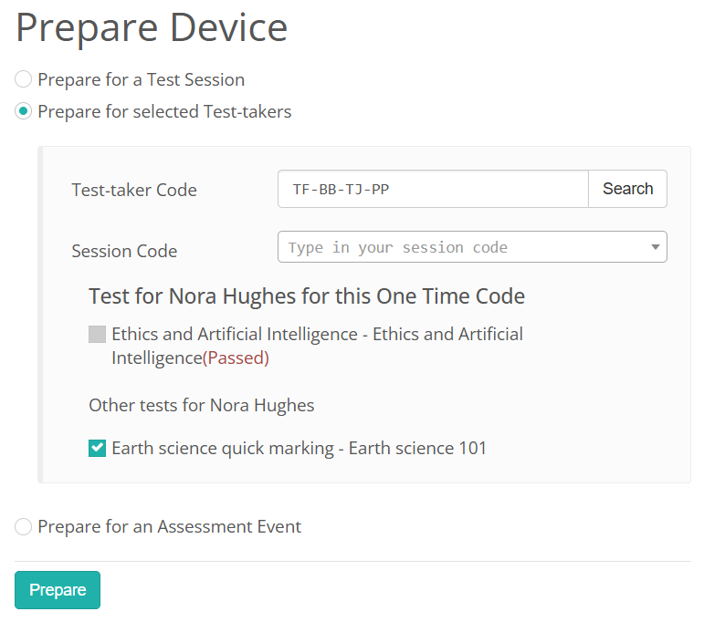 Prepare for selected Test-takers option
