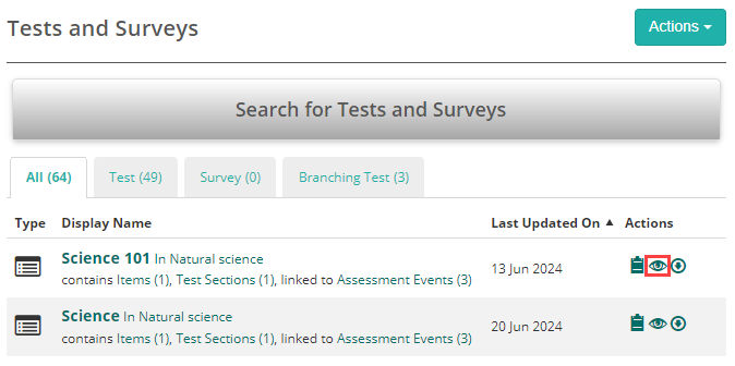 Tests list with Preview icon in the Actions column
