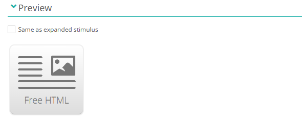 The Preview section with Same as expanded stimulus unchecked, showing the Free HTML template option