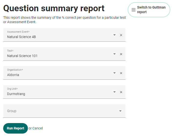 Question summary report selectors