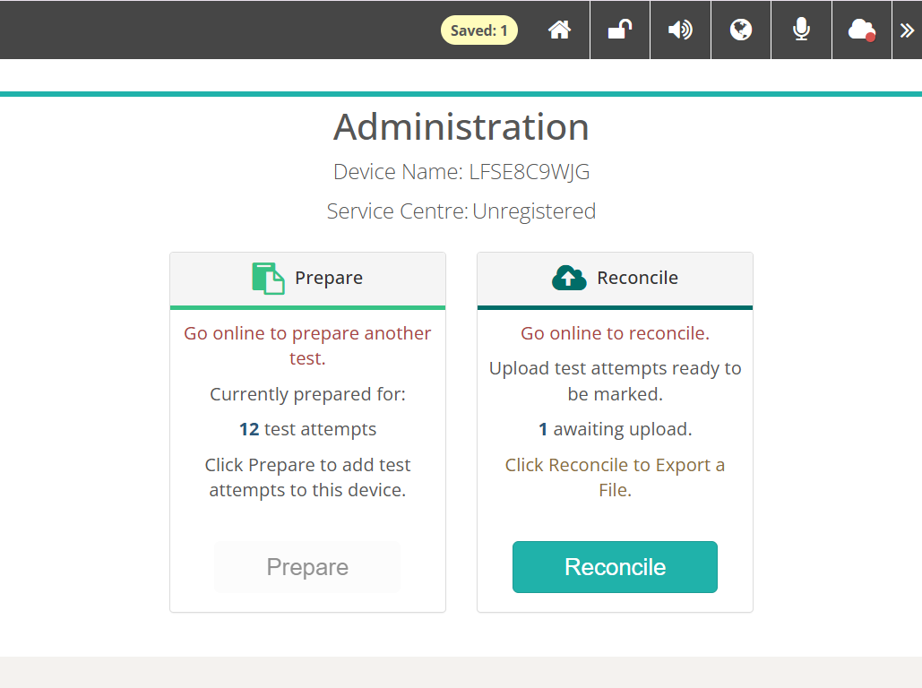 Administration page on an offline device, with the Prepare button unavailable