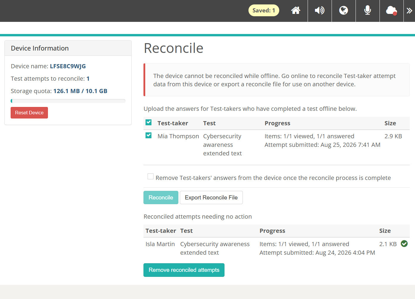 Reconcile page on an offline device, where only Export Reconcile File is available