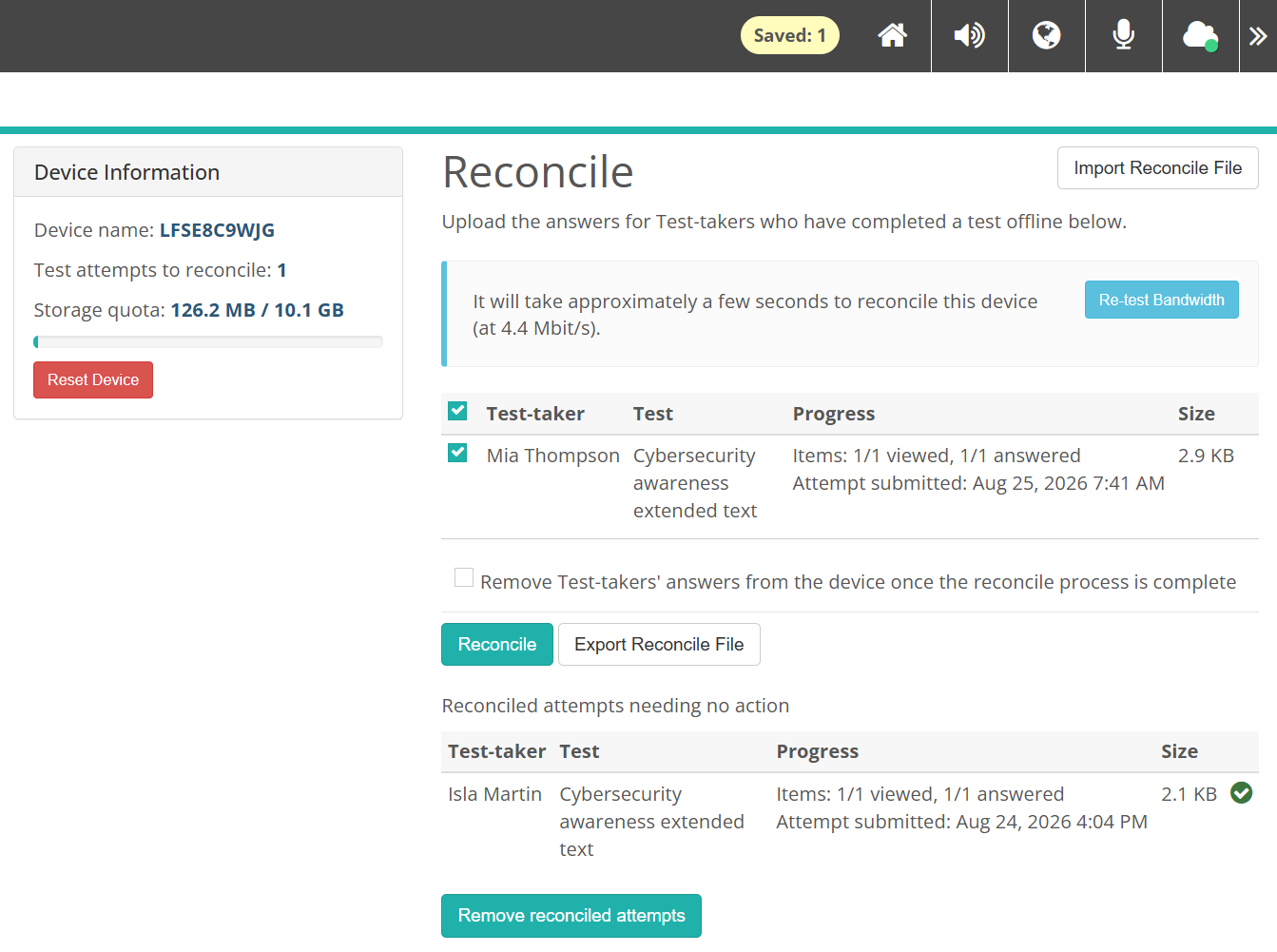 Reconcile page on a connected device, showing the bandwidth estimate and the Reconcile button available