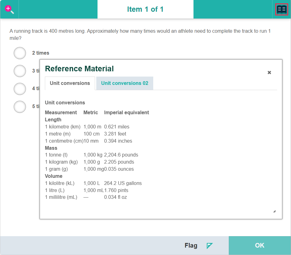 Test Player showing the Book icon highlighted and the Reference Material panel open with two tabs