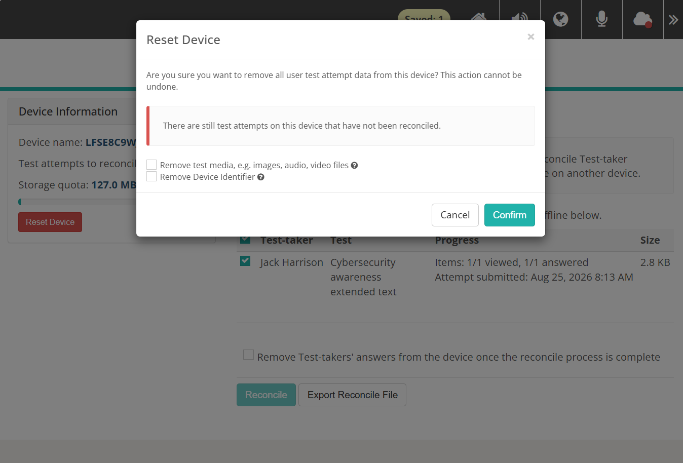 Reset Device confirmation dialog, warning that unreconciled attempts remain on the device