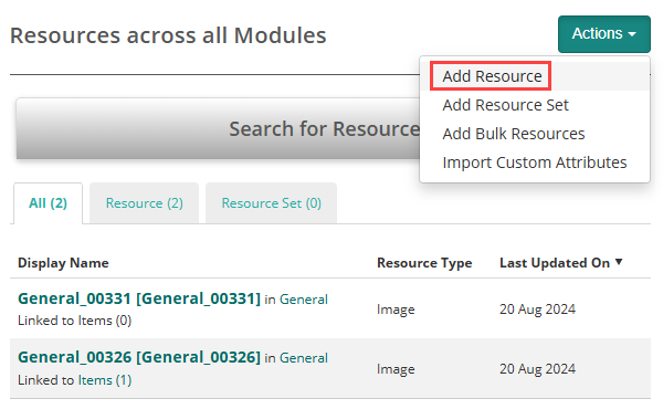The Actions dropdown menu open, showing the Add Resource option