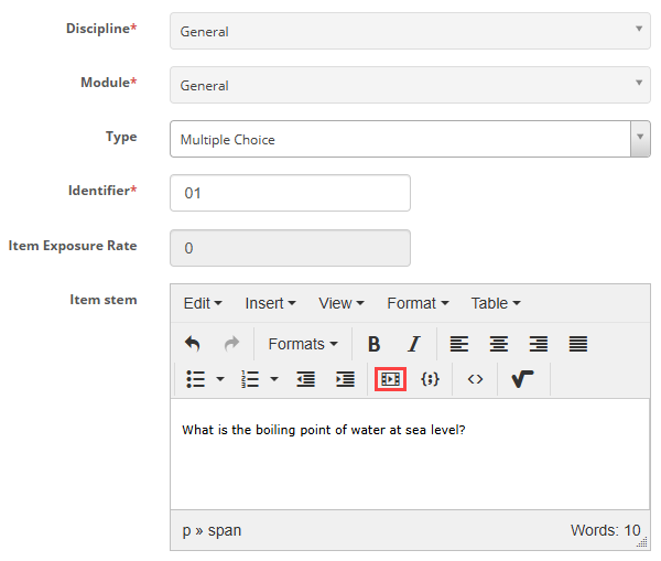 The item editor showing a resource embedded in the item content