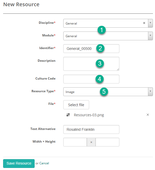 The New Resource form showing fields for Discipline, Module, Identifier, Description, Culture Code, and Resource Type