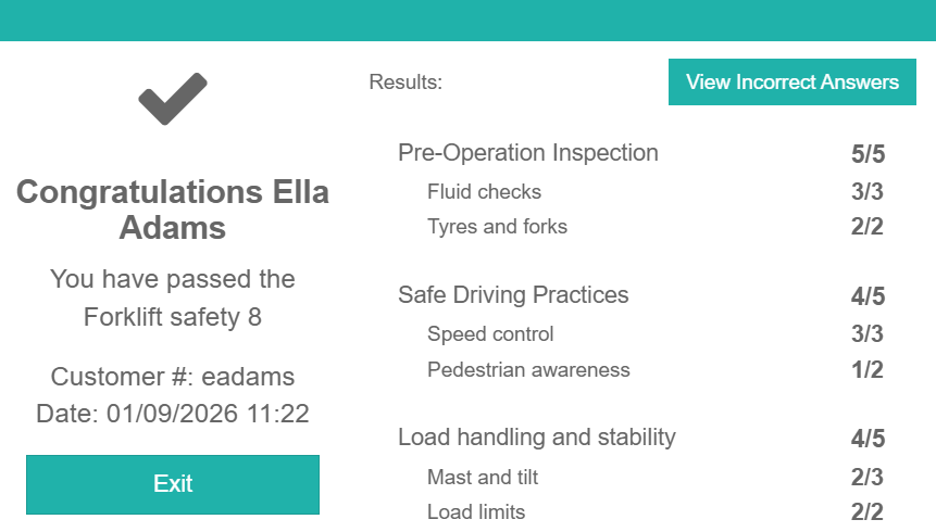 Results panel showing each test section scored across all its items, with a row beneath it for each tag: Pre-Operation Inspection 5/5 above Fluid checks 3/3 and Tyres and forks 2/2