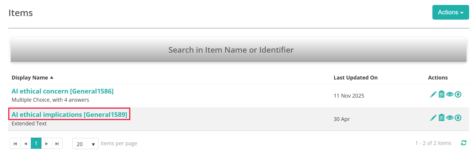 Item selected in the Items list