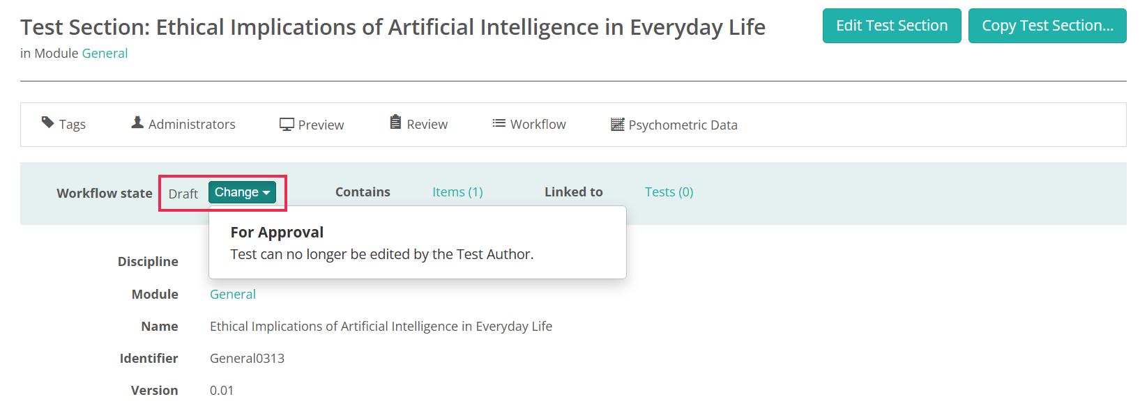 Change dropdown showing the For Approval transition on a test section