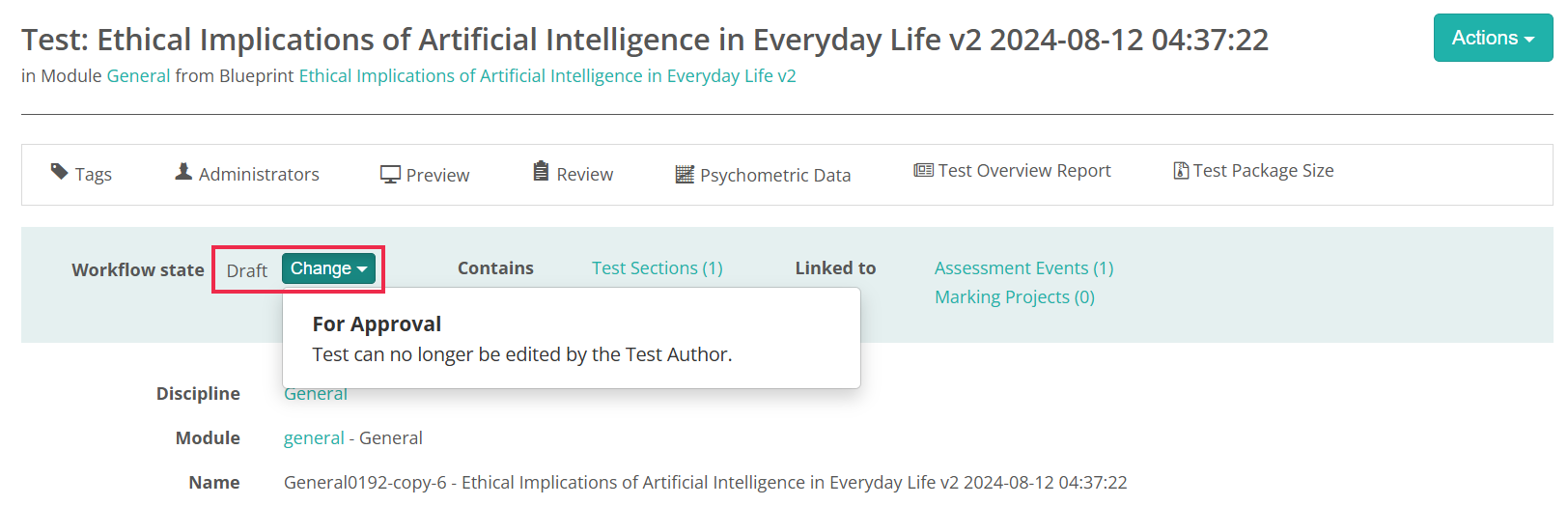 Change dropdown showing the For Approval transition on a test