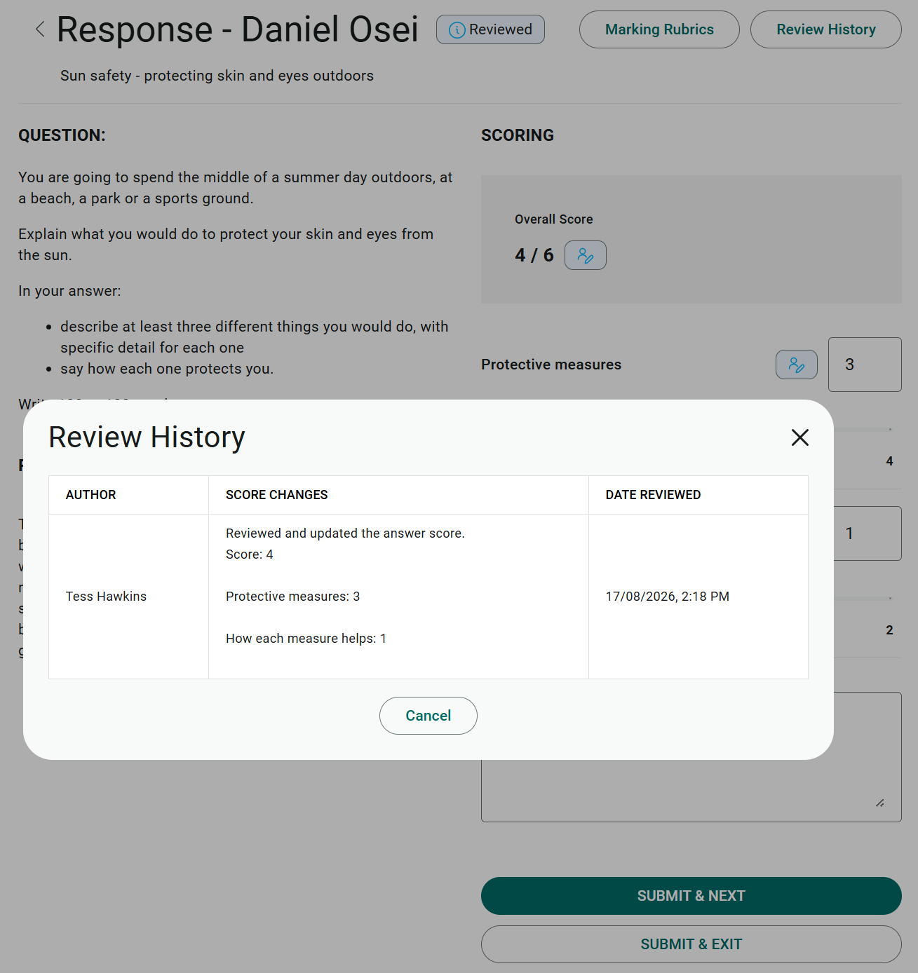 The Review History panel listing one entry, with columns for Author, Score Changes and Date Reviewed