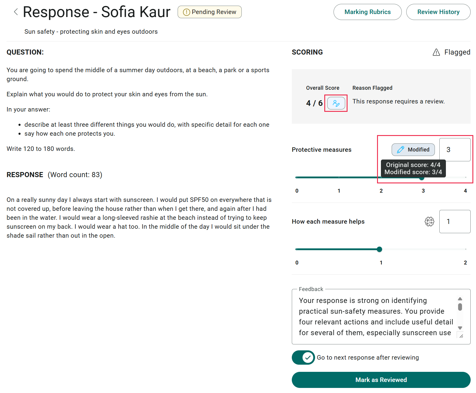 A flagged AI-marked response open for marking, with Flagged and the reason in the SCORING header, a Modified pill on the component score that was changed, its hover tooltip showing the original and modified values, and the AI indicator on the component left as proposed
