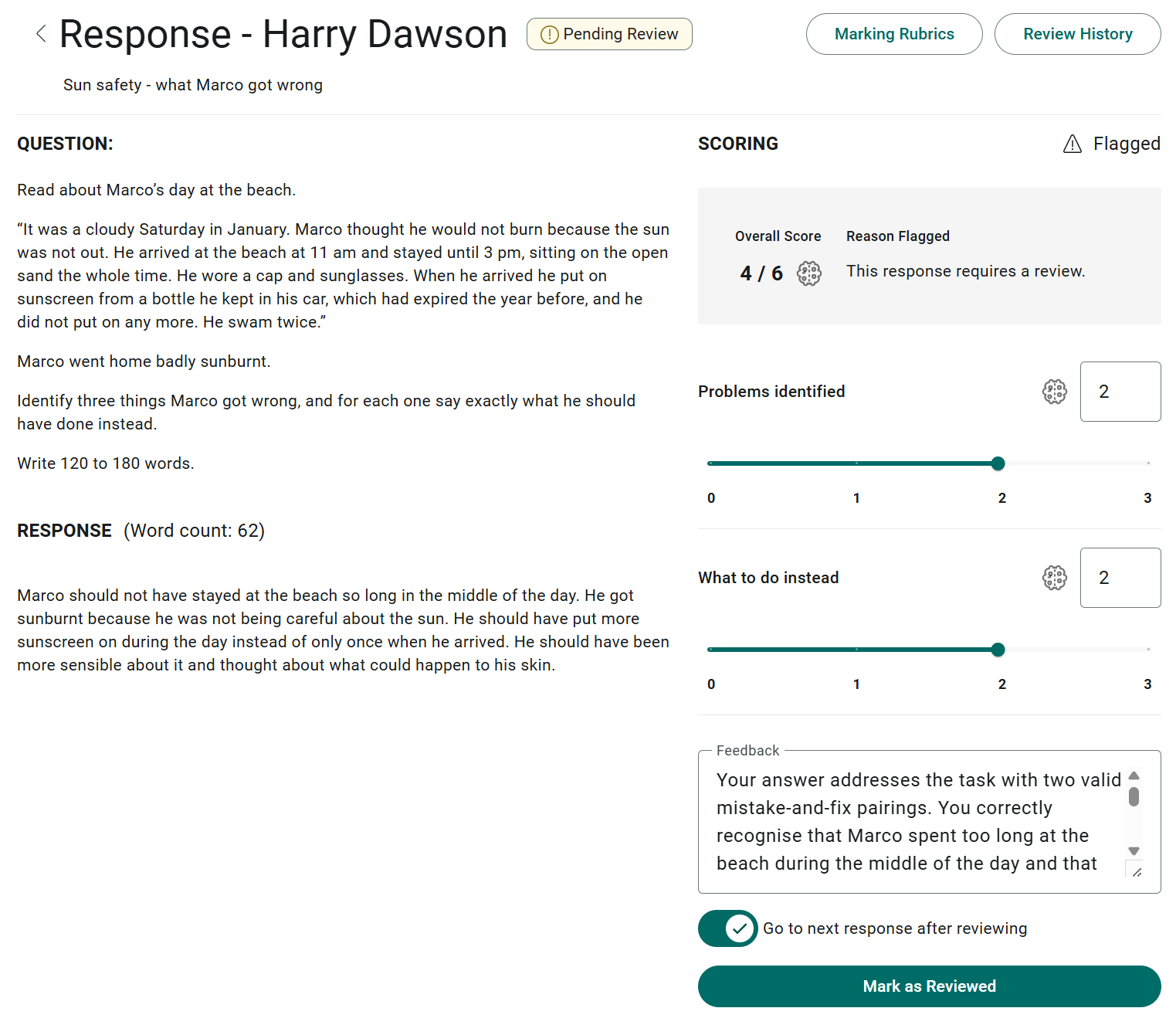A pending response open for marking, with the item and answer on the left and the SCORING panel, component sliders, Feedback field and Mark as Reviewed button on the right