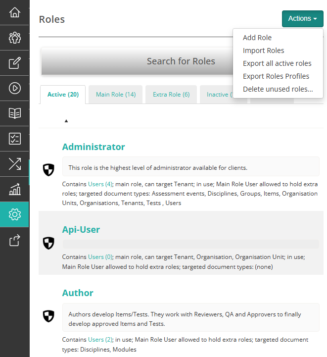The Roles screen at Settings > Roles, showing the Actions menu and the Active, Main Role, Extra Role and Inactive tabs