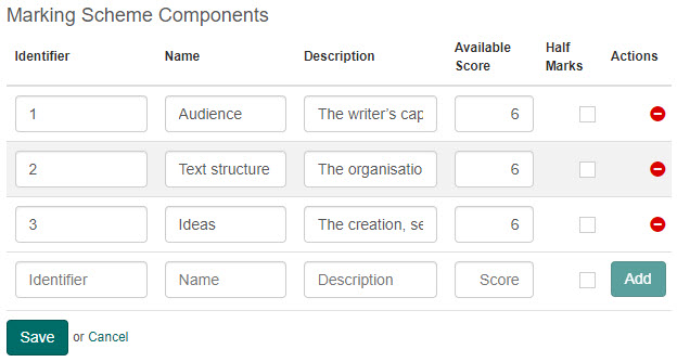 Marking scheme components in the item editor