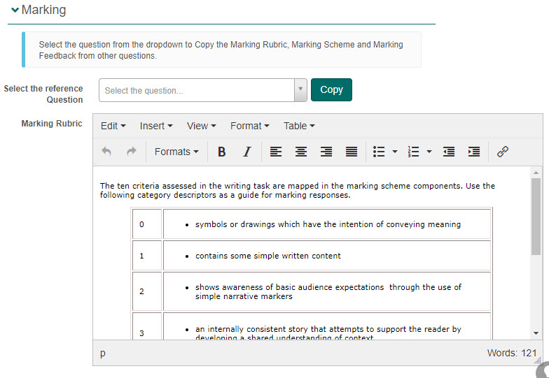 Marking rubric editor
