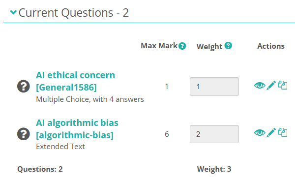 Test section weighting example showing Weight column and score calculation