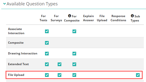 Available Question Types settings