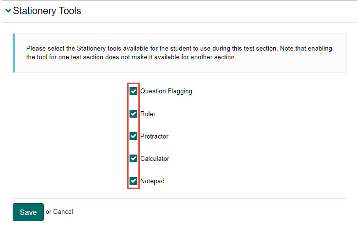 Stationery tools selection checkboxes
