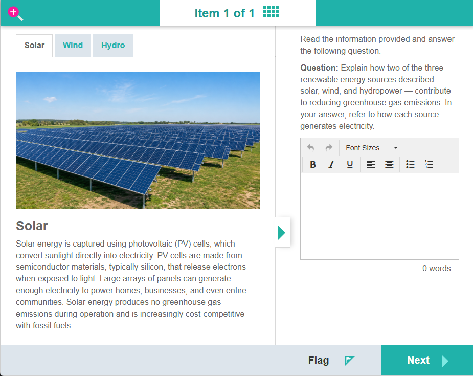 The test player showing three stimulus tabs — Solar, Wind, and Hydro — alongside an Extended text item. The Solar tab is active, showing a solar panel image and passage. The arrow on the right edge of the stimulus panel minimises or expands it.