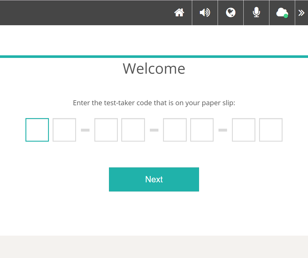 Test-taker code entry screen