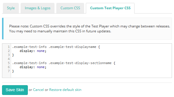 Custom Test Player CSS section