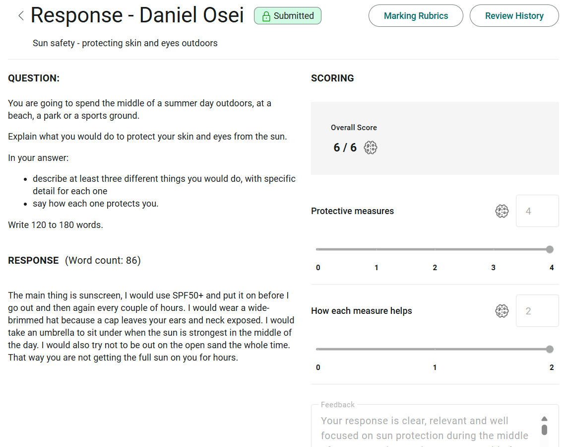 A submitted response open for viewing, with a padlocked Submitted pill in the header, the component scores and sliders greyed out, and the Feedback field read-only