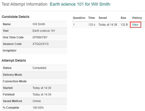 Test attempt information modal