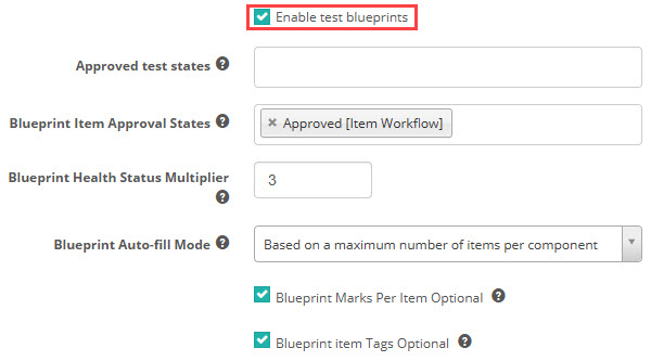 Blueprint options in the Test Authoring Settings section, including Enable test blueprints, Blueprint Item Approval States, Blueprint Health Status Multiplier and Blueprint Auto-fill Mode
