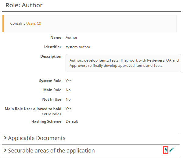 Role details page with the Rapid Edit icon highlighted next to Securable areas of the application