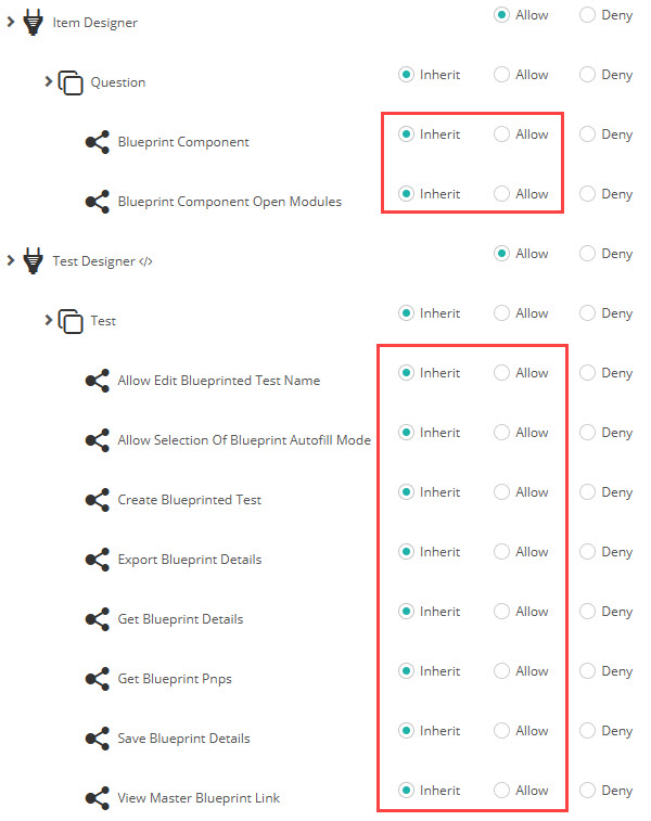 Blueprint securables under Item Designer > Question and Test Designer > Test