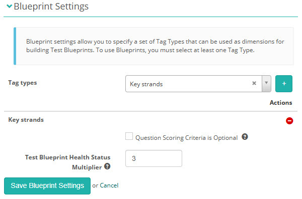 Blueprint Settings in a module, showing Tag types and the Test Blueprint Health Status Multiplier
